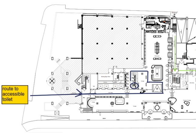 a floor plan of The Plaza showing a route to the accessible toilet