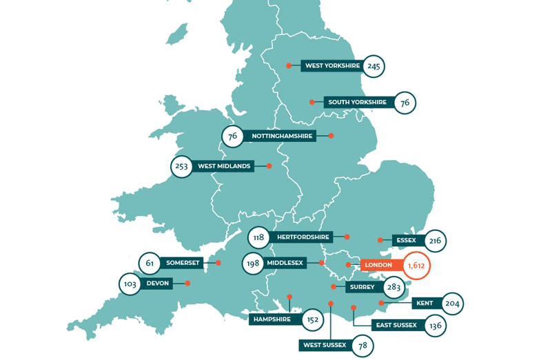 A map depicting the areas of the UK with the most unclaimed estates. London is top with 1,612 unclaimed estates